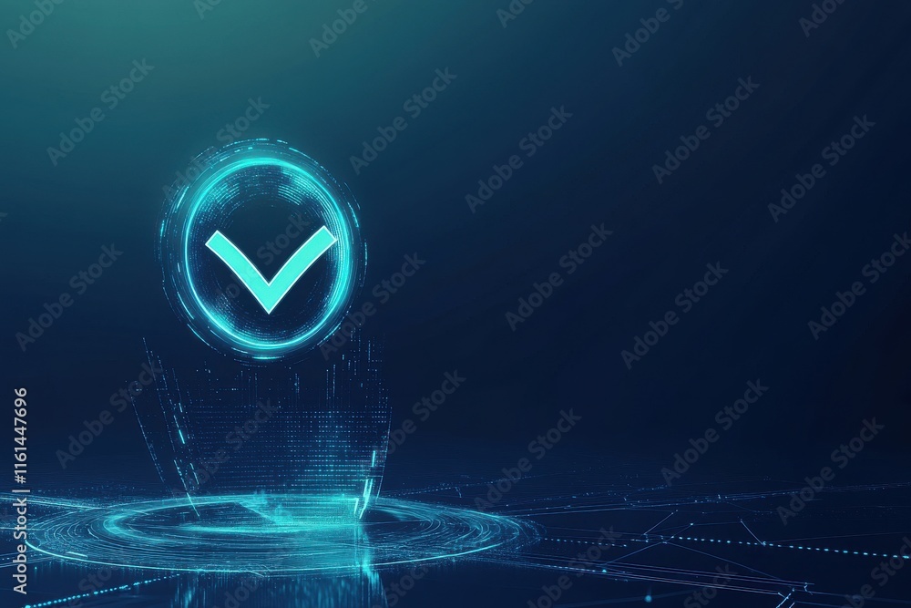 Poster a futuristic blue digital checkmark symbol glowing against a dark background with lines and nodes re