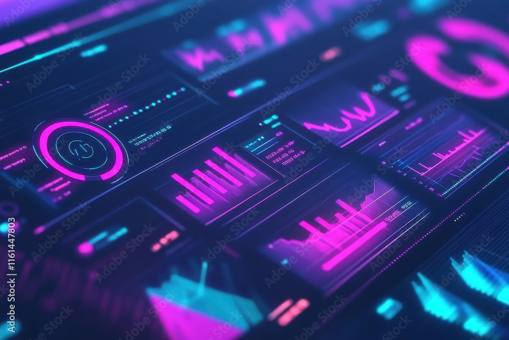 Poster a vibrant digital dashboard displaying colorful analytics and data visualizations in shades of neon 