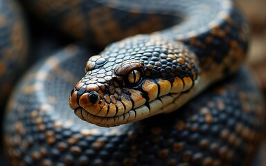 Fototapeta premium A detailed view of a snake's head, showcasing its dark scales with orange and cream patterns. The snake's eye is prominently visible, highlighting its texture.