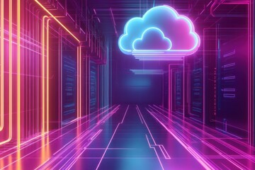 A vibrant digital corridor illuminated by neon lights with a glowing cloud symbol, representing cloud technology.