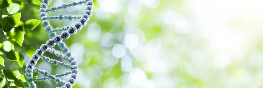 Blue and Green Abstract Swirling 3D DNA Helix Strand on a Soft Green Bokeh Effect Background