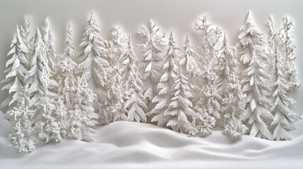 Fototapeta premium Snowy winter forest scene crafted from white paper, depicting snow-covered trees and a landscape.