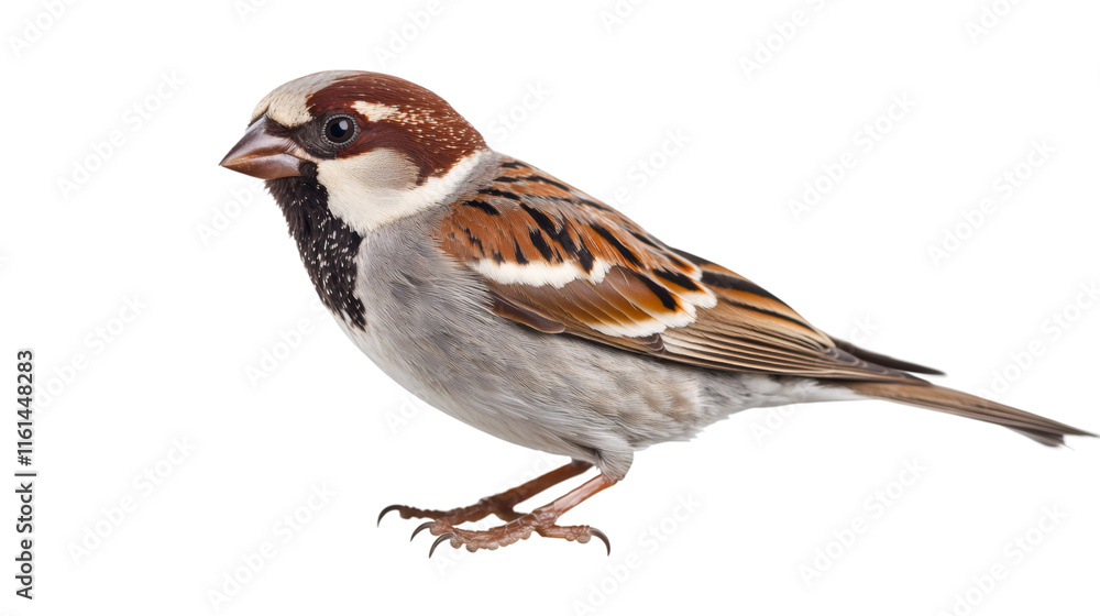 Poster small brown-grey house sparrow perching motionless on clean transparent background, ready for seamle