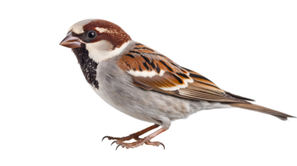 Small brown-grey house sparrow perching motionless on clean transparent background, ready for seamless graphic design integration
