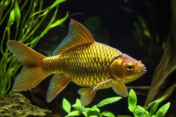 A vibrant goldfish gracefully swims through lush green aquatic plants in a serene aquarium setting.