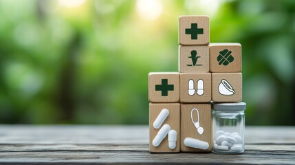 Health insurance and medical care concept.  A set of wooden blocks displaying health-related icons, medical care, health insurance, and medication.  healthcare services, protection, insurance coverage