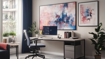 Modern home office with desk, chair, computer, artwork, and plants.