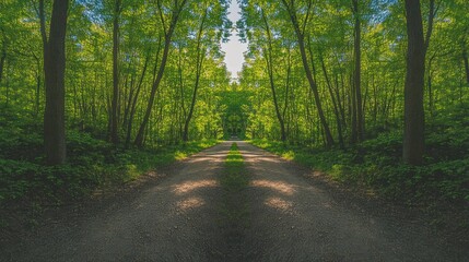 Obraz premium Sunlit path through lush green forest trees.