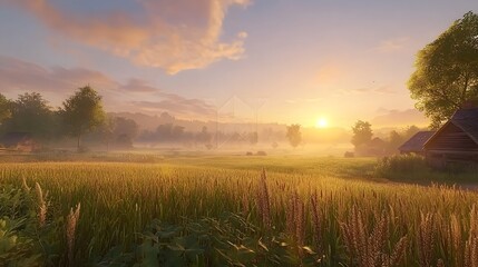 Obraz premium Serene sunrise over a golden wheat field. Rustic wooden houses nestled amongst trees in a misty landscape. Peaceful, idyllic rural scene.