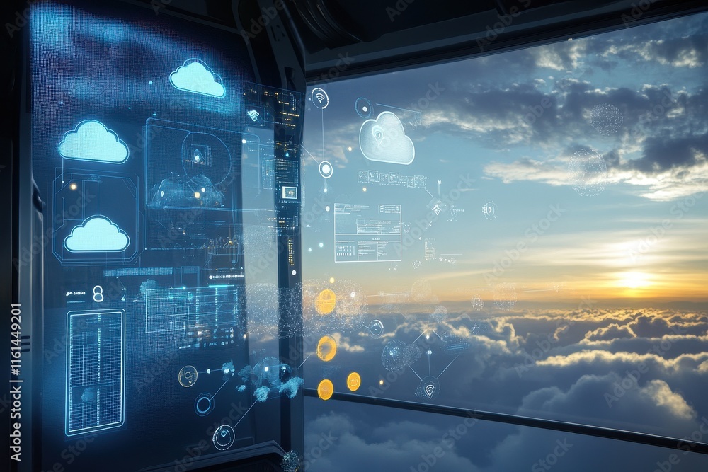 Poster futuristic digital interface showcasing cloud technology against a stunning sunset view from a space
