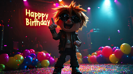 Obraz premium Cartoonish figure of a rocker at a birthday party, wearing dark glasses, surrounded by balloons and confetti in a vibrant atmosphere. Generated with AI.
