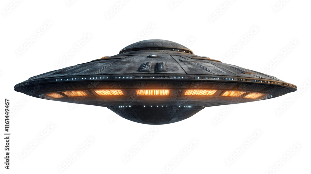 Poster Futuristic unidentified flying object with illuminated panels isolated on transparent background, perfect for science fiction projects