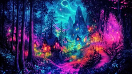 Obraz premium Enchanting neon village nestled in a vibrant, mystical forest at night, illuminated by glowing lights and a crescent moon.