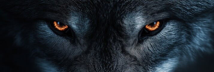 Close-up of a wolf's intense orange eyes and dark fur.