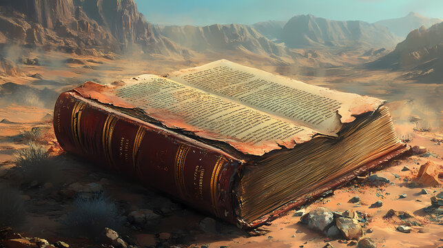 Weathered leatherbound classics crumbling into nostalgic desert landscapes. Reverberate. Illustration