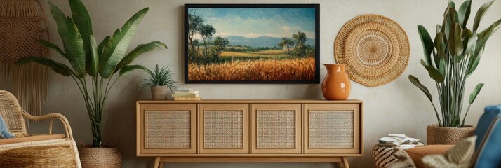 Calm living room interior with framed landscape painting above wooden sideboard, potted plants, and wicker chair.