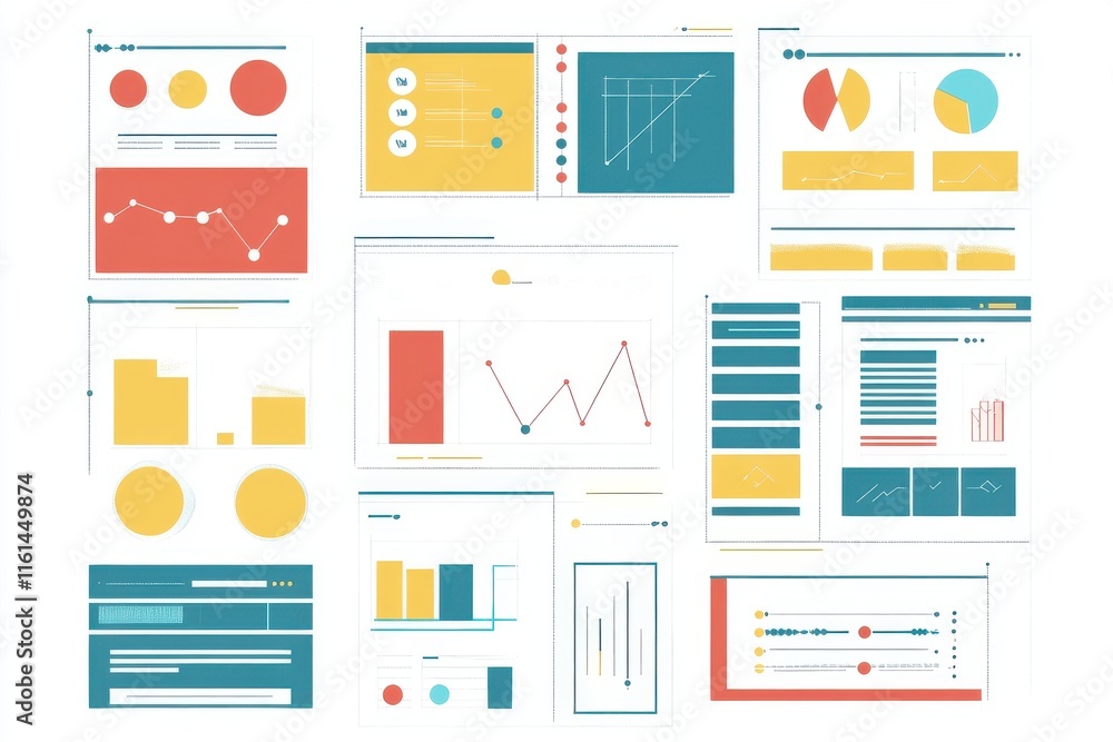 Poster colorful data visualizations featuring charts and graphs in modern design.