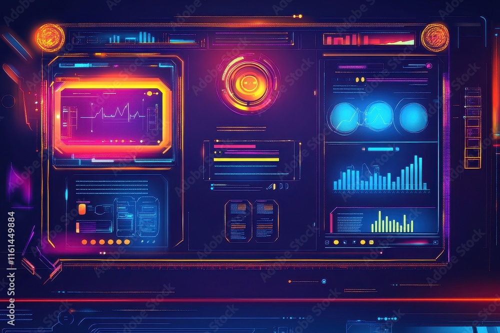 Poster a vibrant, futuristic user interface with colorful graphs and data displays set against a dark backg