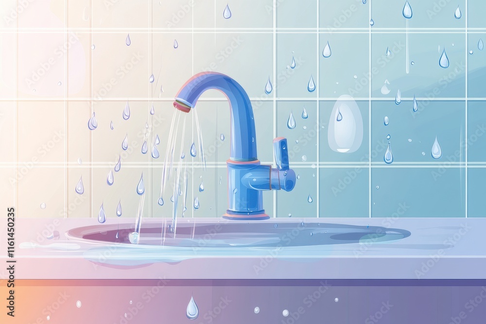 Poster a blue faucet with water splashing into a sink, creating a refreshing and calm atmosphere.