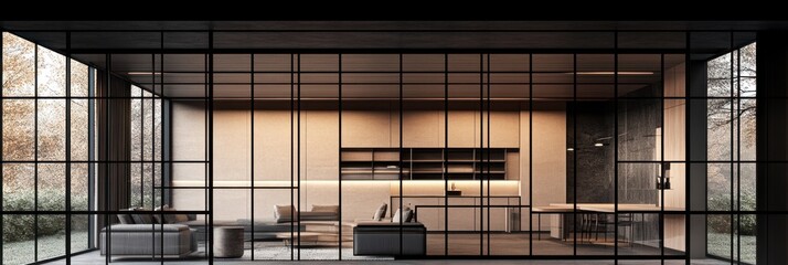 Modern open-plan living space with glass partition, showcasing kitchen and lounge areas.