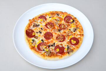 Traditional Turkish cuisine. Pizza, pita, pidesi, sucuk, hummus, kebab. Many dishes on the table. Serving dishes in restaurant. Margherita,  mix, formaggi, veggie karisik pizza. Top view, flat lay