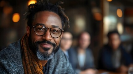 Obraz premium A man with glasses and a scarf is smiling at the camera