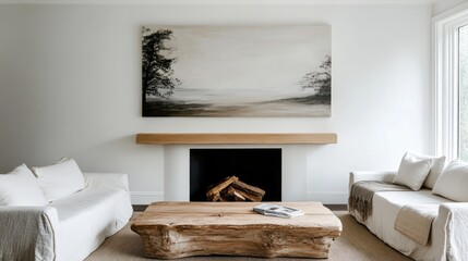 Minimalist living room with white sofas, wood coffee table, fireplace, and large landscape painting.