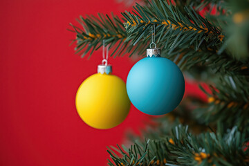 Fototapeta premium Blue and yellow Christmas ornaments on a green Christmas tree