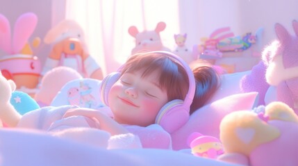 Fototapeta premium Peaceful toddler girl sleeping soundly in bed surrounded by soft toys, wearing pink headphones.