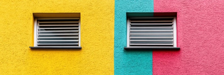 Two windows with white louvers on a yellow, teal, and pink wall.