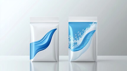 Cleaning detergent pack mockup vector realistic Plastic bag with 3D bubbles effect zoomed fabric texture view showing dirt removal