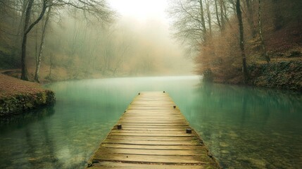 Misty morning on a tranquil lake with a wooden dock.