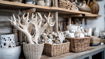 Obraz premium Rustic wooden shelves display various home decor items, including antlers, pottery, and baskets.