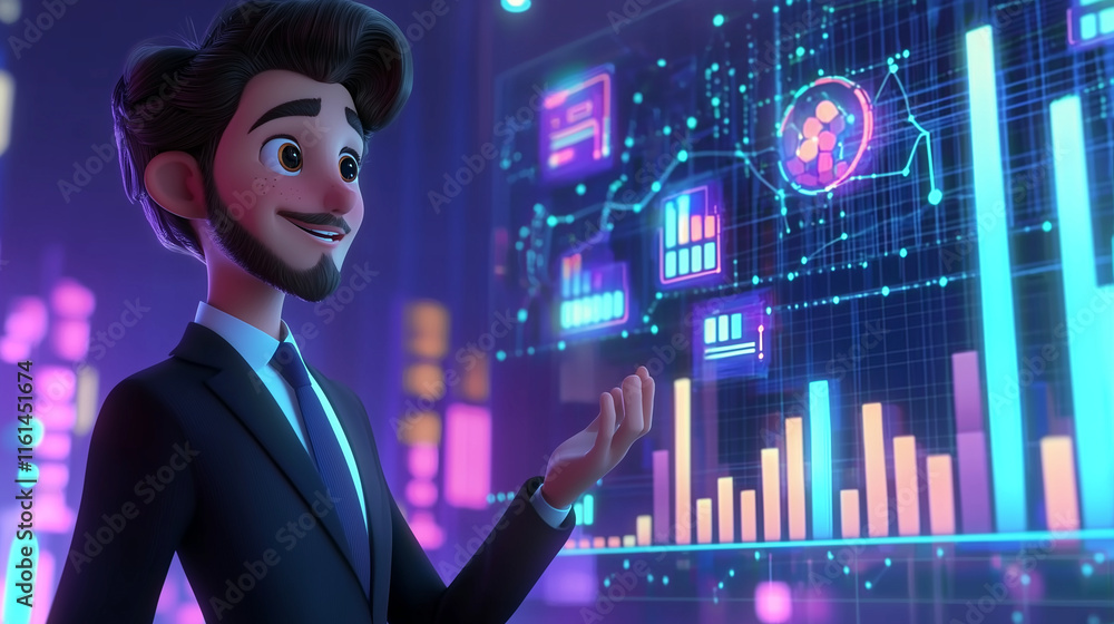 Poster a smiling cartoon businessman interacts with a holographic display showcasing dynamic graphs, charts