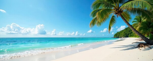 Serene ocean waves gently lap against the shore of a pristine beach where a solitary tree stands tall amidst swaying palm fronds , sand, water