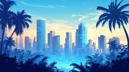 Modern City Skyline with Skyscrapers and Palm Trees for Urban and Futuristic Architecture Concepts