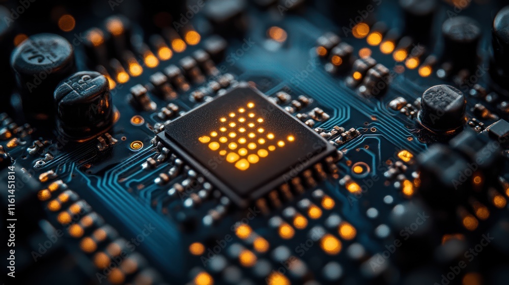 Poster close-up of illuminated microchip on circuit board.