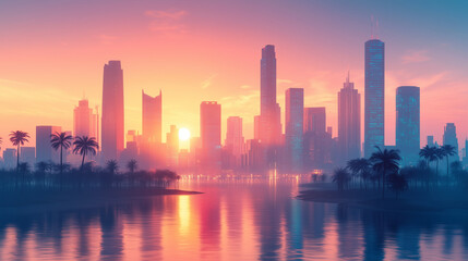 Fototapeta premium Vibrant City Skyline at Sunset with Reflecting Water and Palm Trees for Tropical Urban Concepts