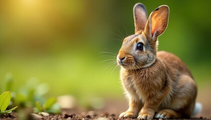 Fototapeta premium Small brown lop-eared rabbit, alert expression, closeup shot, bunny