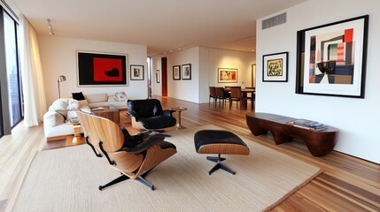 Modern living room with hardwood floors, artwork, and mid-century modern furniture.