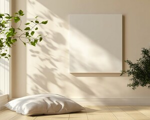White Canvas on Beige Wall with Green Foliage Accents, Soft Focus for Elegant Look