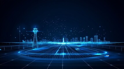 Digital airplane on a runway with control tower buildings and bus Low poly airport wireframe concept with dots and stars on dark blue