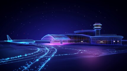 Digital airplane on a runway with control tower buildings and bus Low poly airport wireframe concept with dots and stars on dark blue