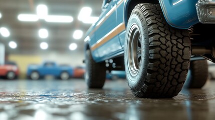 Close-Up of Rugged Truck Tire on Showroom Floor, with Colorful Vehicles in Soft Focus Background