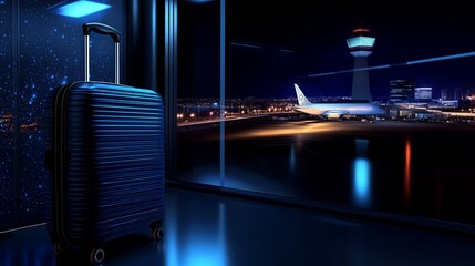 Digital luggage at airport with airplane and control tower Low poly wireframe on dark blue background with stars dots and particles
