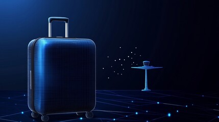 Obraz premium Digital luggage at airport with airplane and control tower Low poly wireframe on dark blue background with stars dots and particles