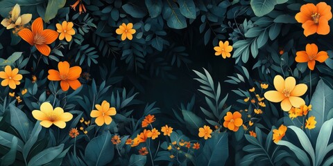 Fototapeta premium A vibrant array of orange and yellow flowers beautifully contrasting against deep green foliage, forming a natural floral border in a lush outdoor setting