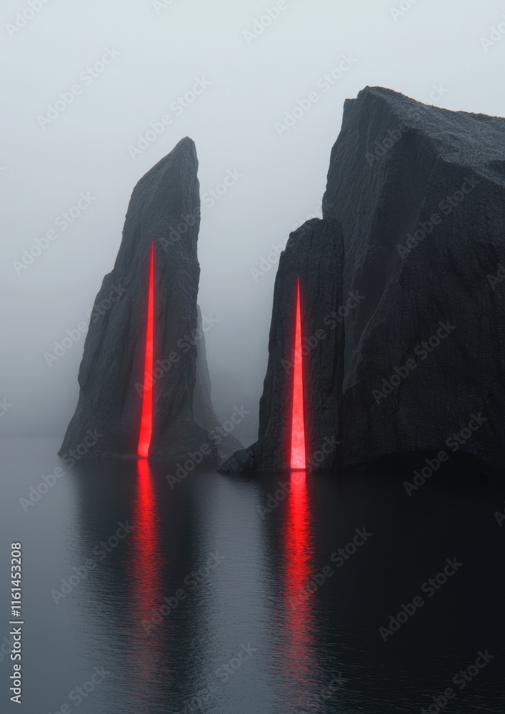 Poster two large rocks with a red glow emanating from them