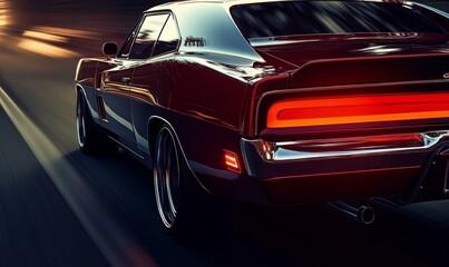 Naklejka premium Dynamic Speed and Power: A Stunning Vintage Muscle Car Captured in Motion on a City Street