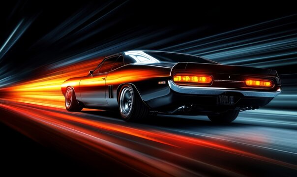 Dynamic Night Racing Scene with a Classic Muscle Car in Motion and Light Trails